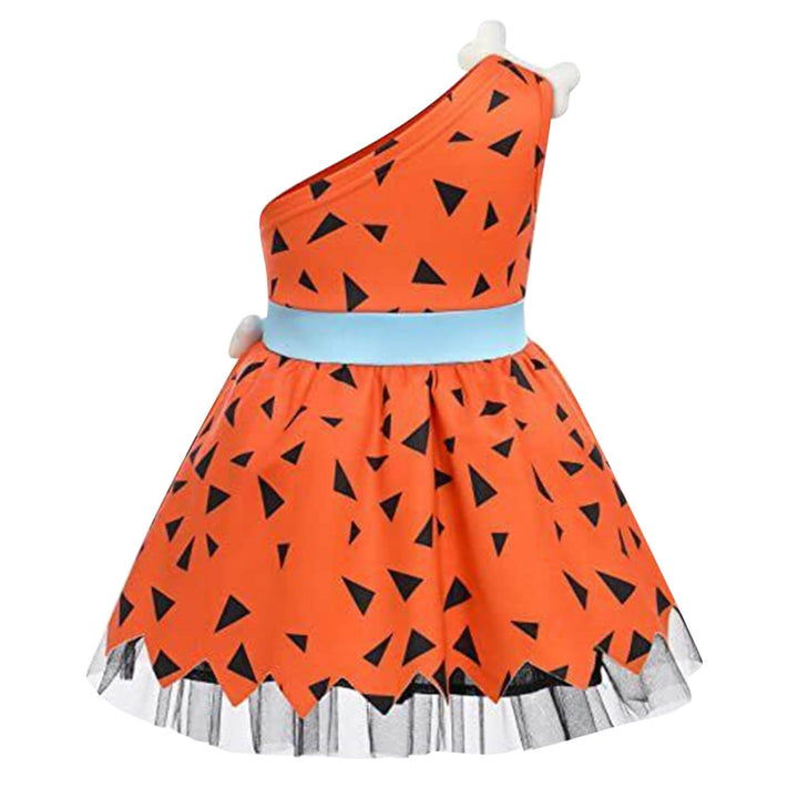 Bébé fille en déguisement Pierrafeu. Robe à volants verte/orange. Super pour carnaval ou jeux d'enfants préhistoriques.