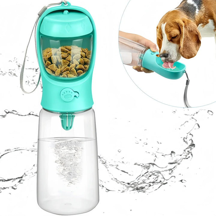 Bouteille d'eau portable 2-en-1 pour animaux, friandises intégrées. Idéale chien/chat en promenade ou voyage. Hydratation.