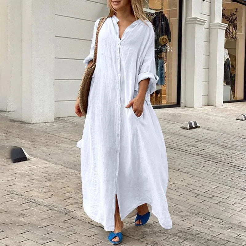 Robe chemise femme fluide et chic, coupe longue oversize, un indispensable décontracté.