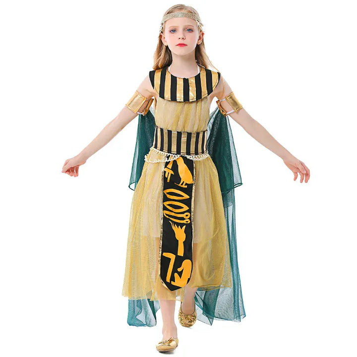 Élégant déguisement Cléopâtre pour fille, costume égyptien pour carnaval ou Halloween. Robe longue et détails or.