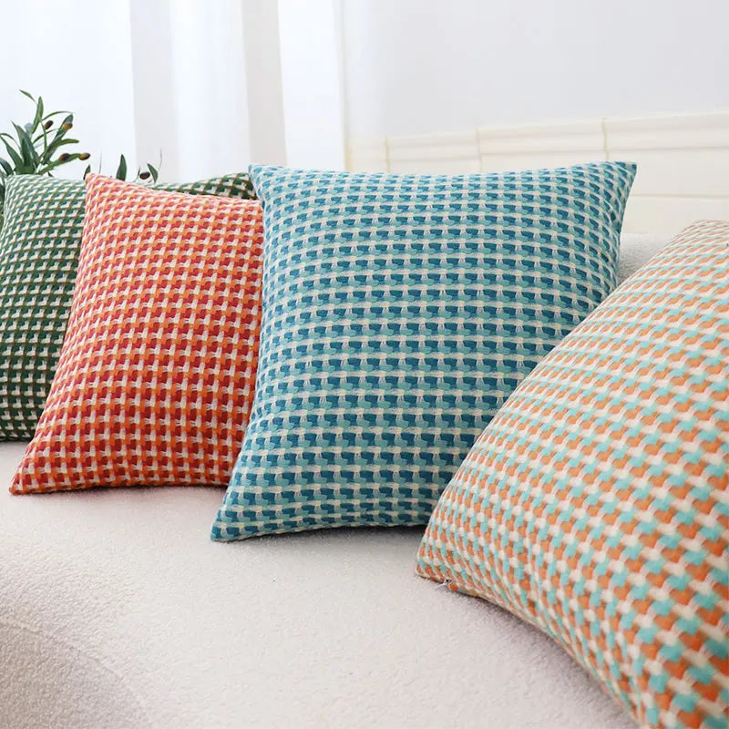 Housse de coussin géométrique moderne 45x45 cm, motif abstrait coloré pour salon.