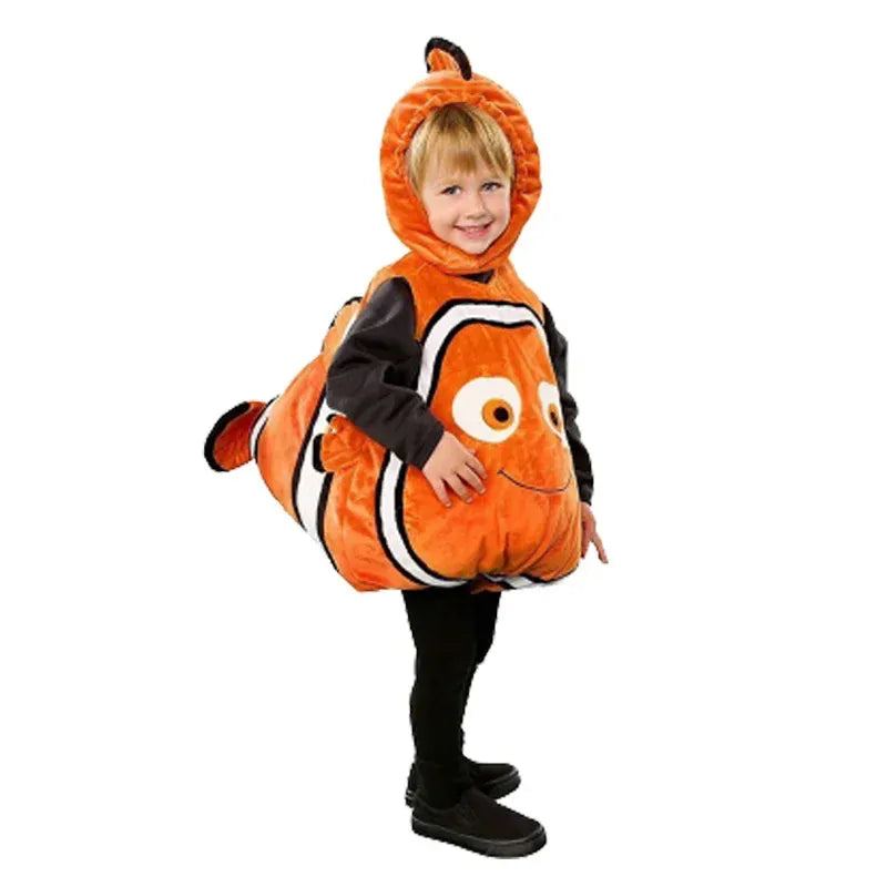 Costume enfant poisson clown en polyester, vif et confortable, idéal pour Halloween et jeux de rôle.