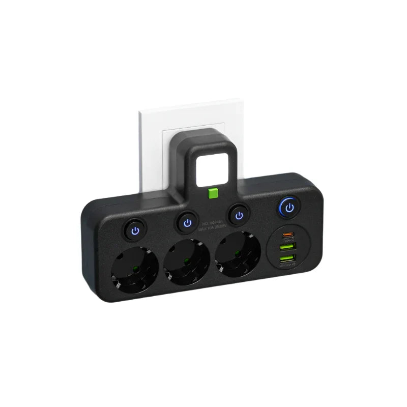 Multiprise intelligente 2500W noire, avec USB-C et parasurtenseur, offrant connectivité et sécurité pour tous.