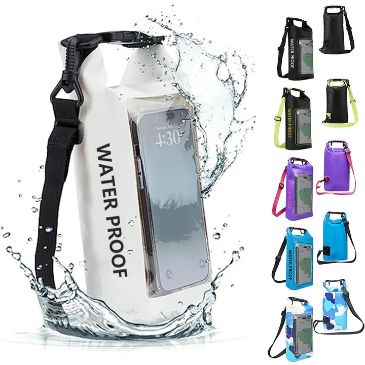 Sac étanche unisexe 2L avec fenêtre tactile, idéal pour protéger votre smartphone lors d'aventures aquatiques.