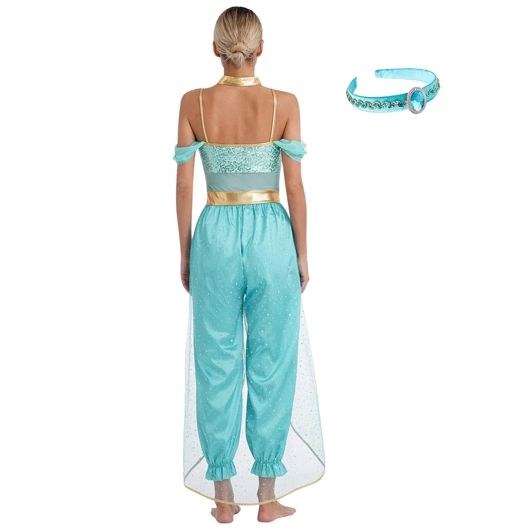 Costume Princesse Jasmine élégant pour femme, avec ornements dorés. Parfait pour soirée à thème ou cosplay.