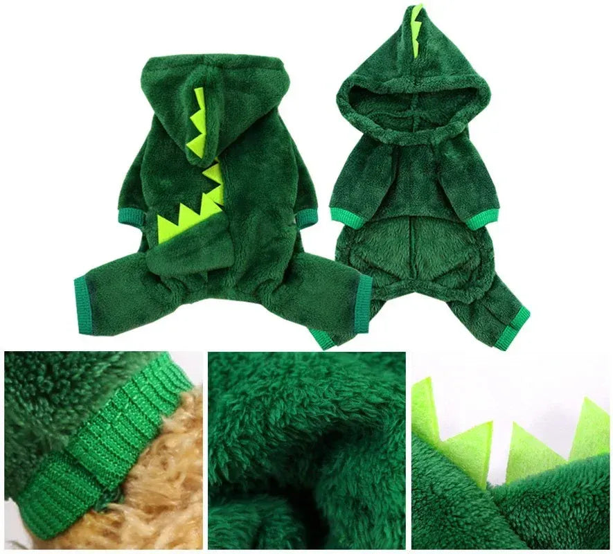 Déguisement dinosaure rigolo pour chat et petit chien. Costume animal chaud et douillet, parfait pour Halloween ou l'hiver.