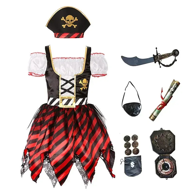 Enfant fille souriante en déguisement de pirate avec épée et bandana, prête pour une aventure de jeu de rôle captivante.