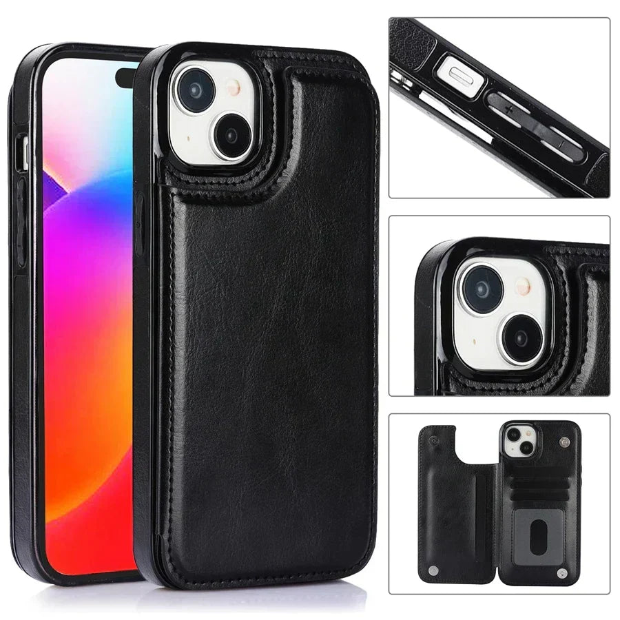 Coque iPhone luxe en cuir véritable, protection optimale avec porte-cartes magnétique.