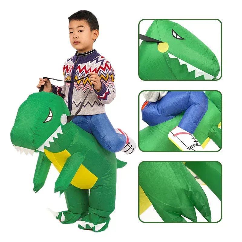 Costume gonflable T-Rex pour enfant et adulte, parfait pour Halloween et les fêtes à thème.