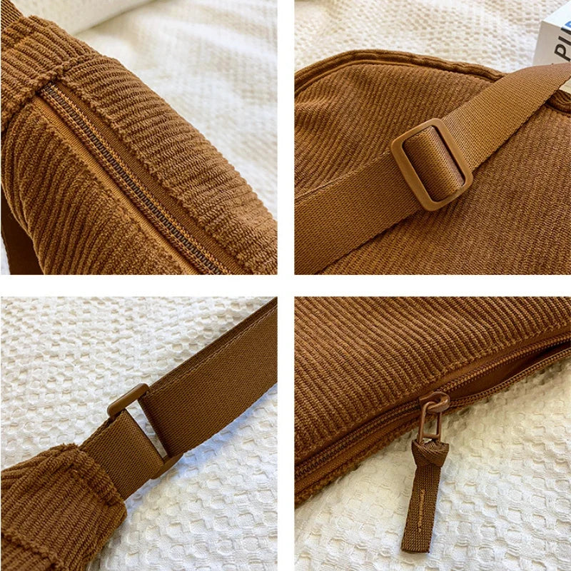 Sac banane femme en velours côtelé, texture douce et design demi-lune. Un sac à main bandoulière tendance et pratique.