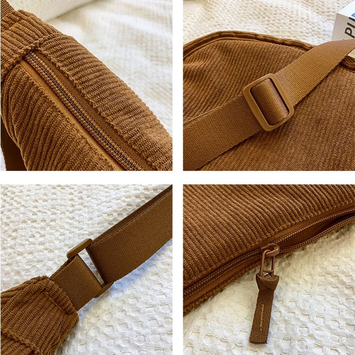 Sac banane femme en velours côtelé, texture douce et design demi-lune. Un sac à main bandoulière tendance et pratique.