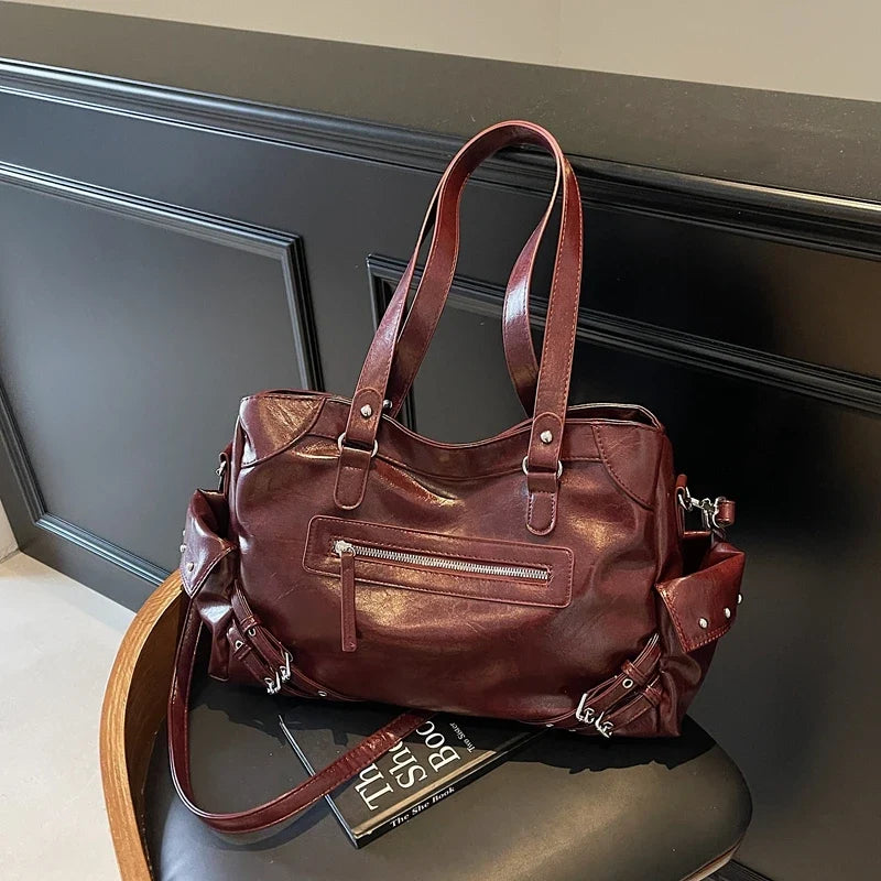 Grand sac de cours pratique pour lycéenne, en cuir PU, avec bandoulière, style tendance.