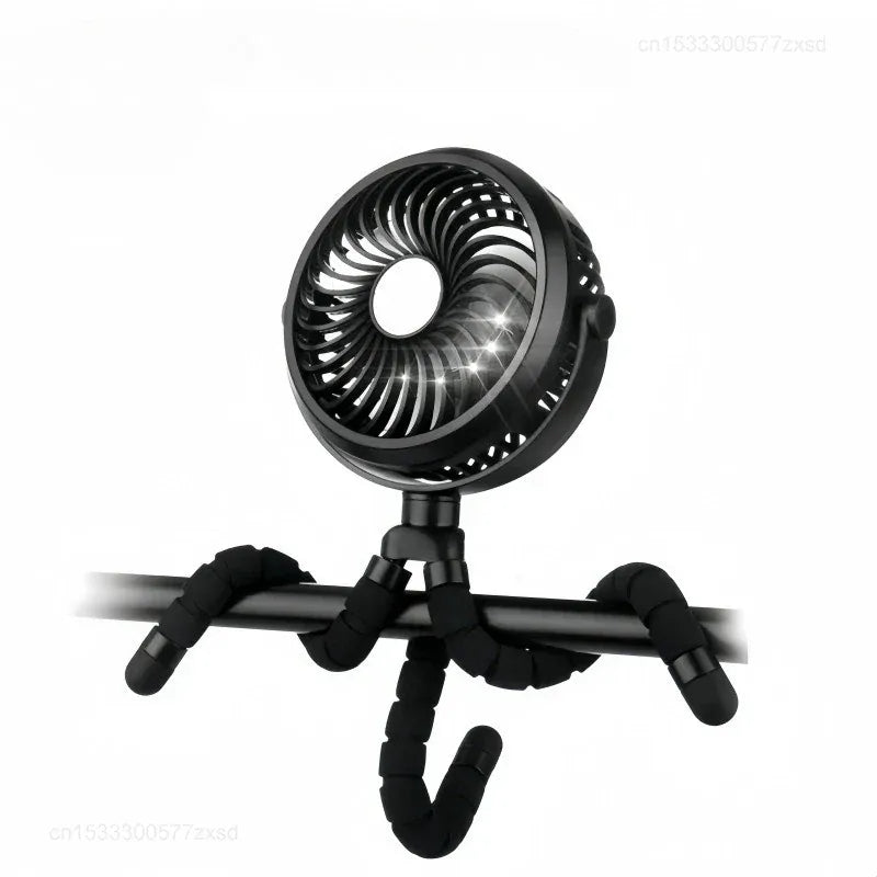 Ventilateur silencieux USB portable à col cygne flexible, parfait pour rafraîchir bébé en poussette ou au bureau.