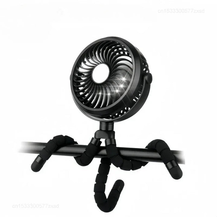 Ventilateur silencieux USB portable à col cygne flexible, parfait pour rafraîchir bébé en poussette ou au bureau.