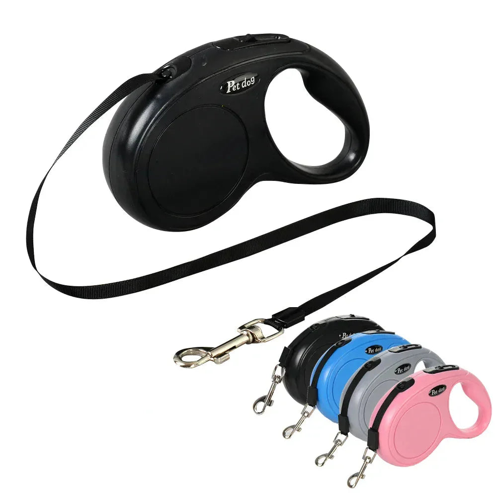 Laisse rétractable automatique noire pour chien, poignée ergonomique, offre liberté & contrôle en promenade.