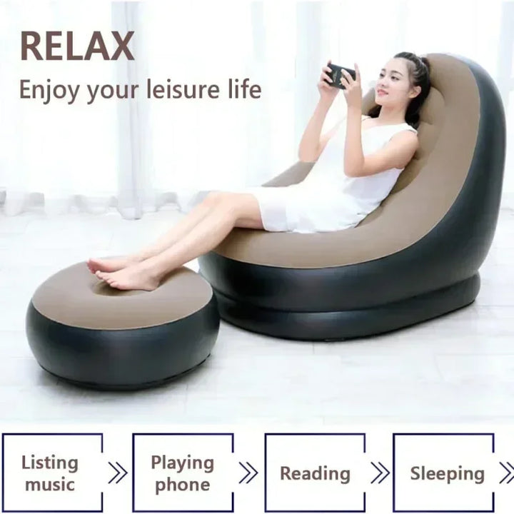 Fauteuil gonflable confortable pour jardin, balcon ou salon, mobilier intérieur extérieur.