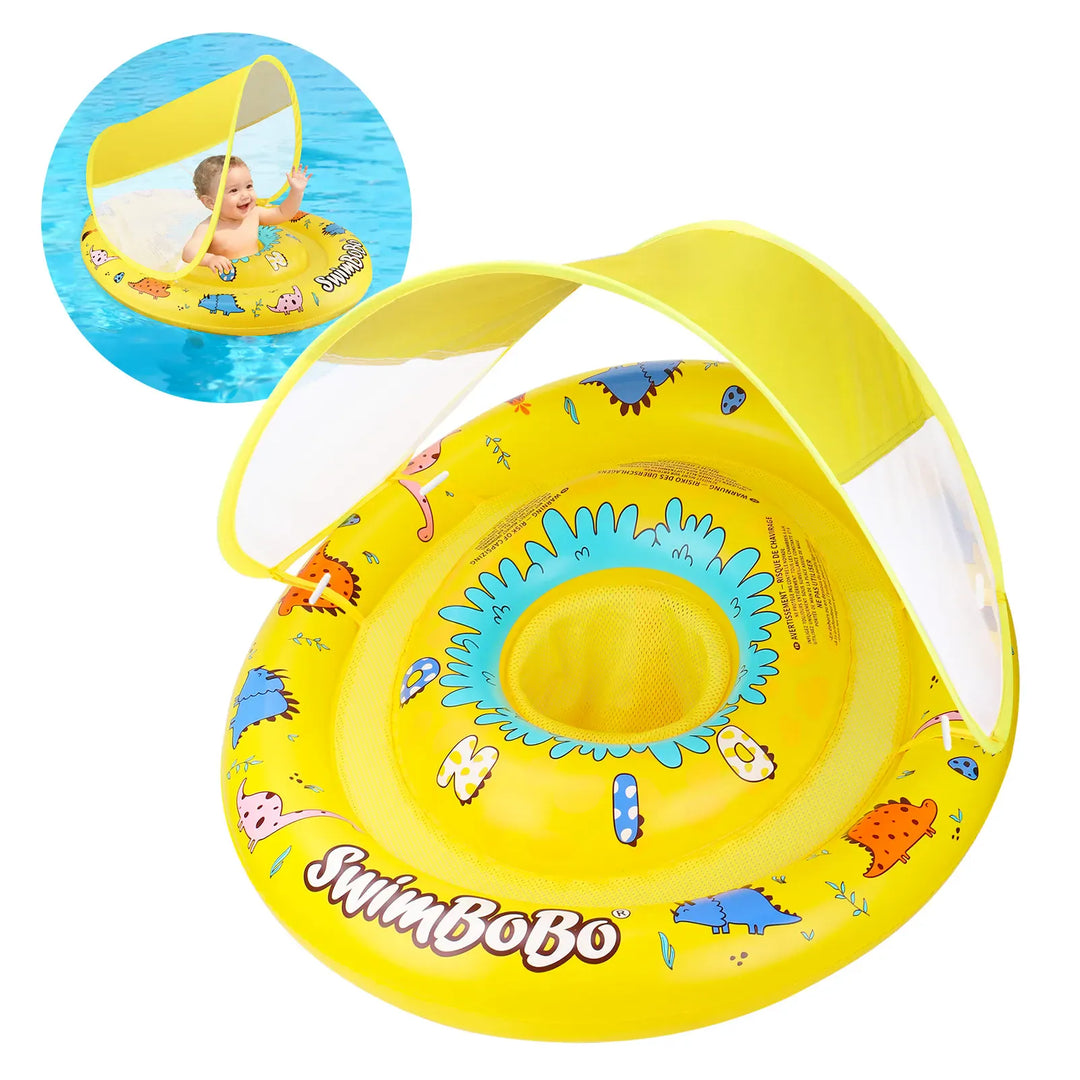 Bouée bébé gonflable avec siège confortable et pare-soleil amovible pour piscine. Sécurité et protection UV.