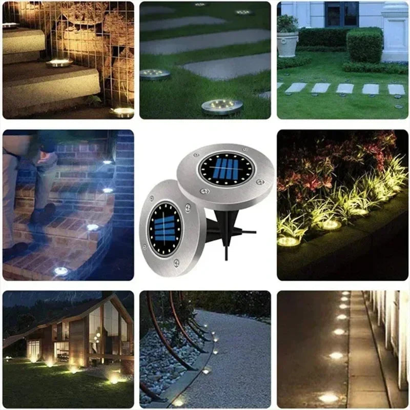Éclairage LED solaire de sol rond en acier inoxydable brossé pour jardin, crée une ambiance chaleureuse et sécurisée.