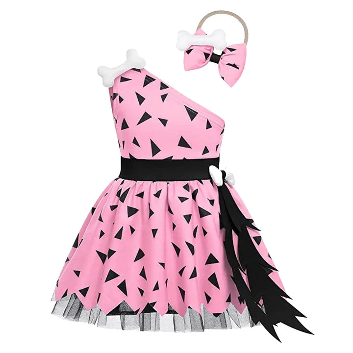 Tenue complète Pierrafeu bébé fille. Robe verte à pois orange, bandeau. Parfait pour carnaval ou jeux préhistoire.