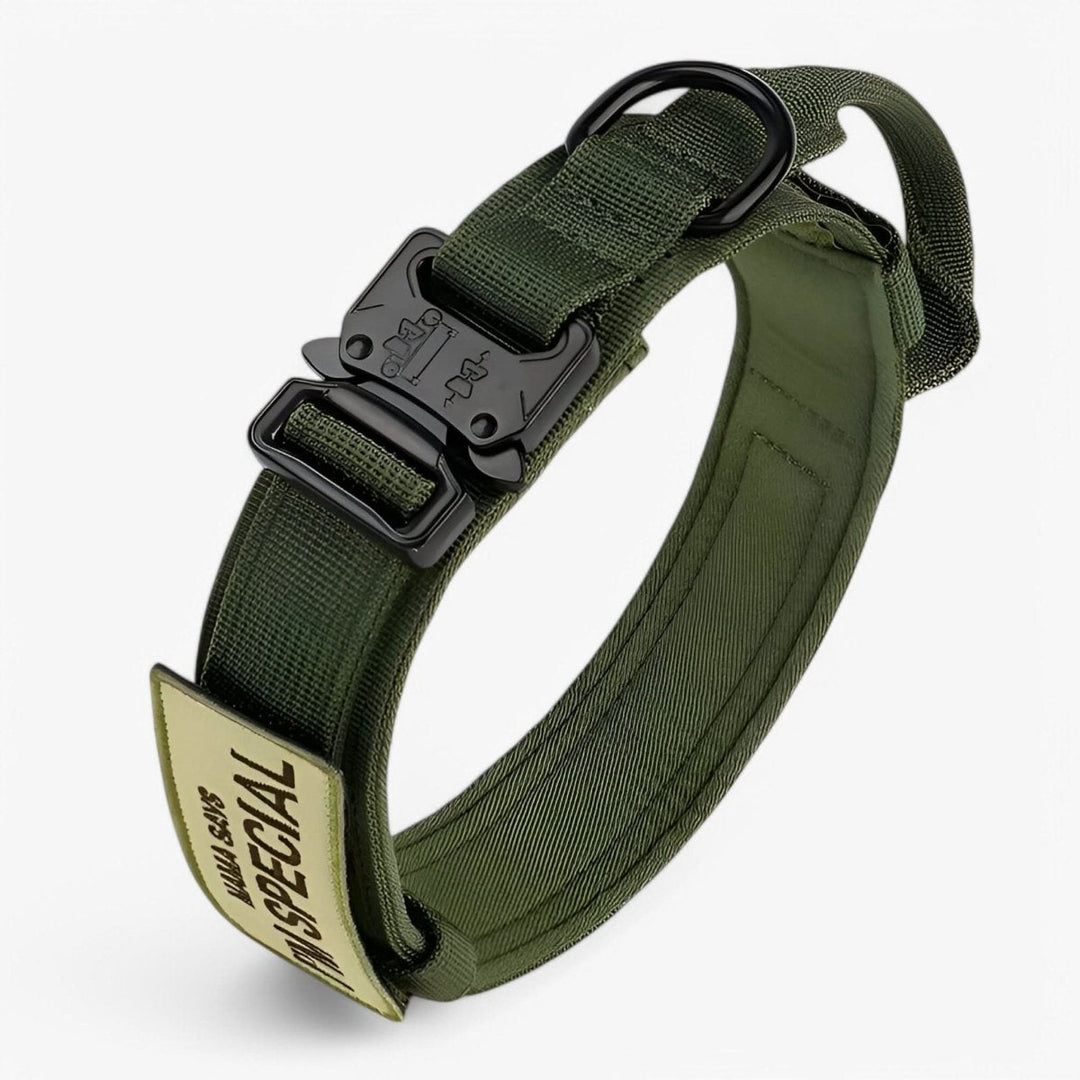 Collier chien tactique en nylon robuste TACTICALK9, parfait pour aventures et promenades intenses.
