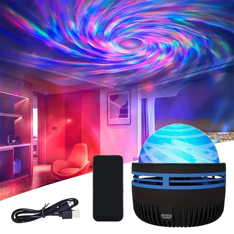 Projecteur LED Polariva RGB avec aurore boréale et haut-parleur Bluetooth pour lumière d'ambiance musicale.