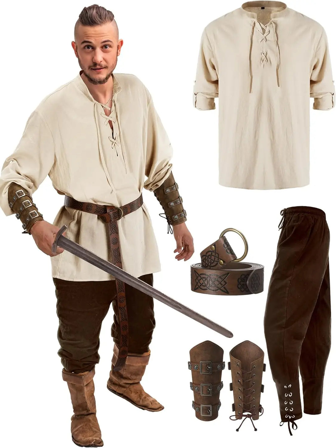 Déguisement Viking médiéval homme complet, tunique, pantalon, armure, pour cosplay, fête historique ou Halloween.