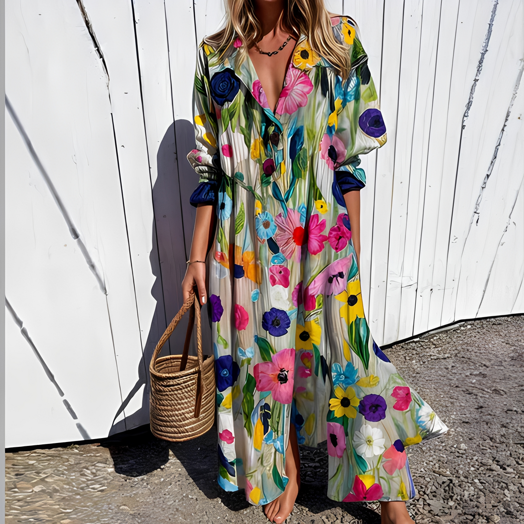 Robe longue femme, coupe fluide, look chic et décontracté. Idéale pour l'été et le printemps.