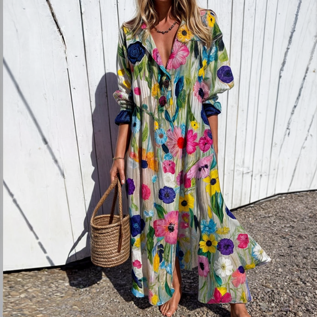 Robe longue fleurie Odessa pour femme, boutonnée, coupe fluide, élégante et idéale pour le printemps ou l'été.