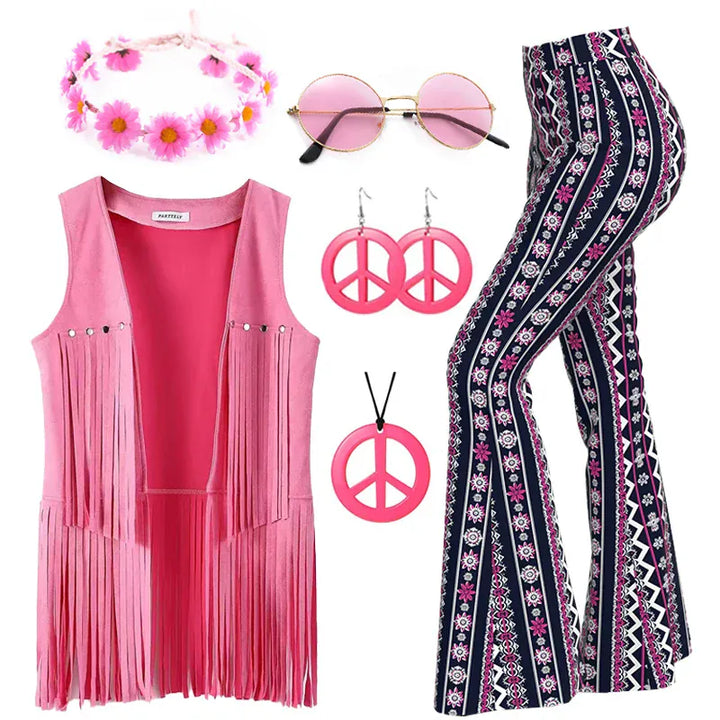 Costume femme années 70, déguisement hippie avec robe à manches évasées et bandeau floral.