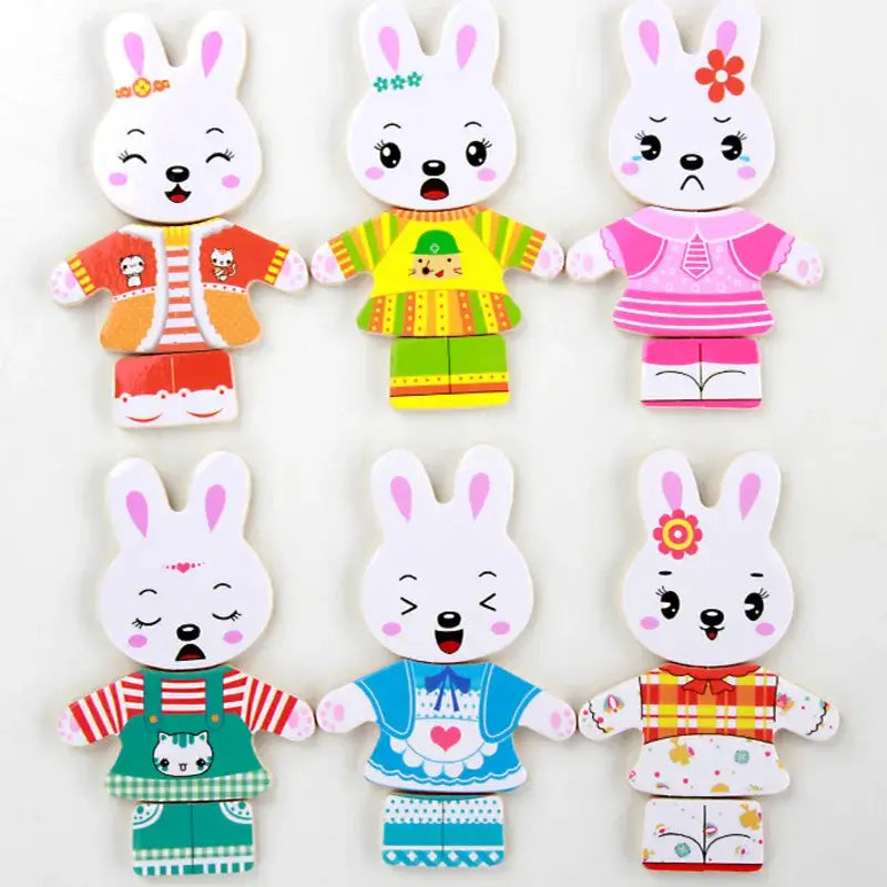 Enfant avec puzzle ours en bois. Jouet éducatif pour habiller, développe la motricité.