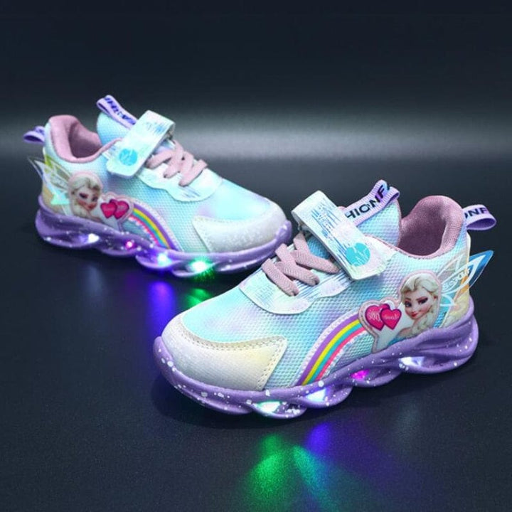 Chaussures enfants lumineuses, coloris rose et violet. Baskets princesses avec LED, confortables et antidérapantes.