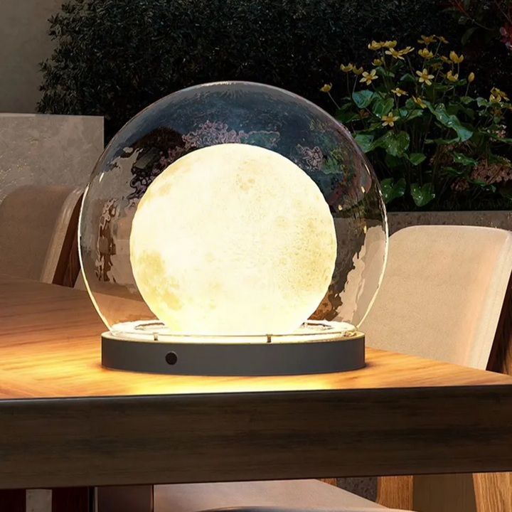 Détail de la lampe lune extérieure, surface résistante aux intempéries, qualité premium.