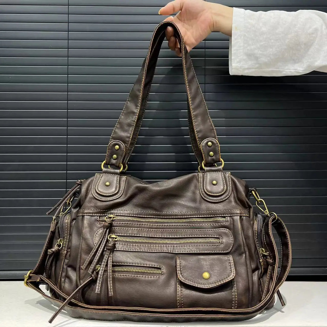 Sac cabas marron femme en cuir PU, style élégant, porté épaule ou bandoulière. Accessoire mode pratique pour femme.