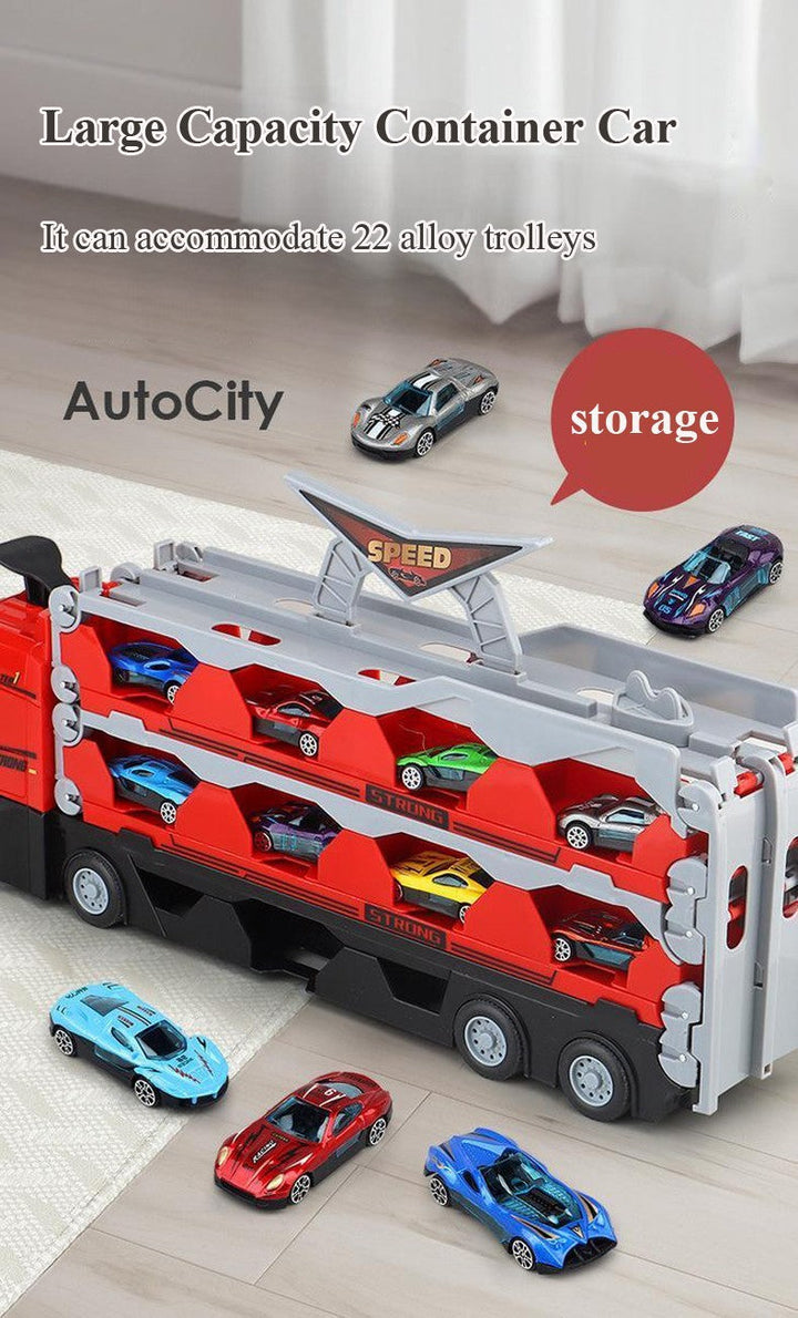 Camion jouet MegaTransporter pour enfants avec remorque et 8 voitures, stimulant l'imagination et le jeu.