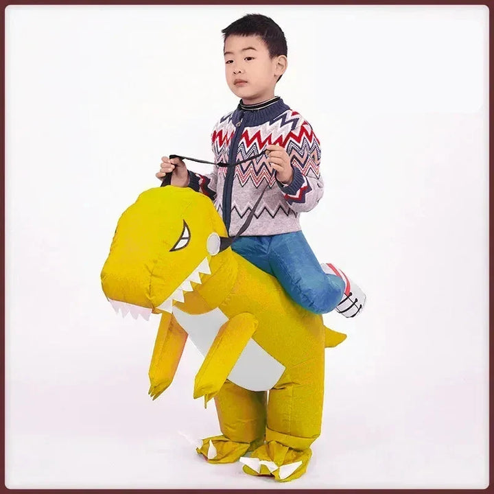 Costume dinosaure gonflable amusant, idéal pour créer une ambiance joyeuse à tout événement.
