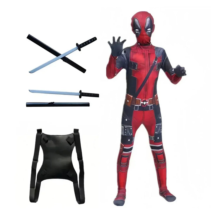 Déguisement de Deadpool rouge et noir pour garçons et filles.