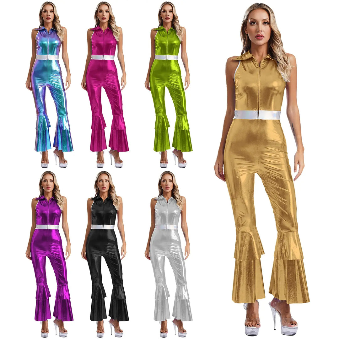 Tenue de fête femme années 90, déguisement métallique brillant, style disco pour ambiance festive.