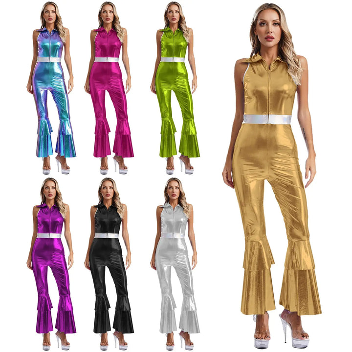 Tenue de fête femme années 90, déguisement métallique brillant, style disco pour ambiance festive.