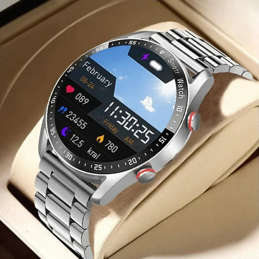 Montre connectée homme pour appels, notifications intelligentes, suivi sport, design moderne et technologie avancée.
