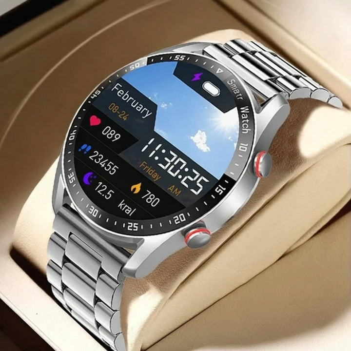 Montre connectée homme pour appels, notifications intelligentes, suivi sport, design moderne et technologie avancée.