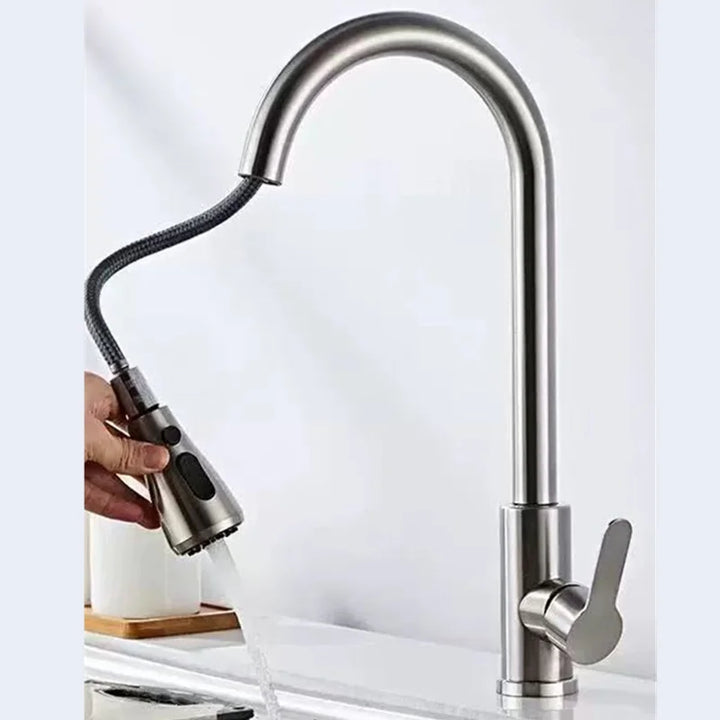Robinet de cuisine extensible moderne en inox, mitigeur avec douchette pratique pour l'évier.