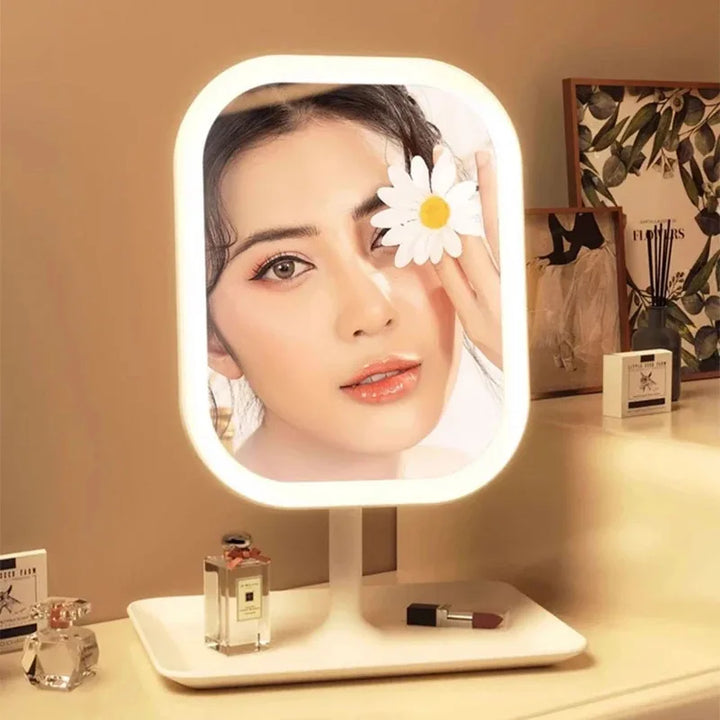 Miroir de maquillage rose avec éclairage LED 3 couleurs, tactile. Parfait accessoire beauté moderne.
