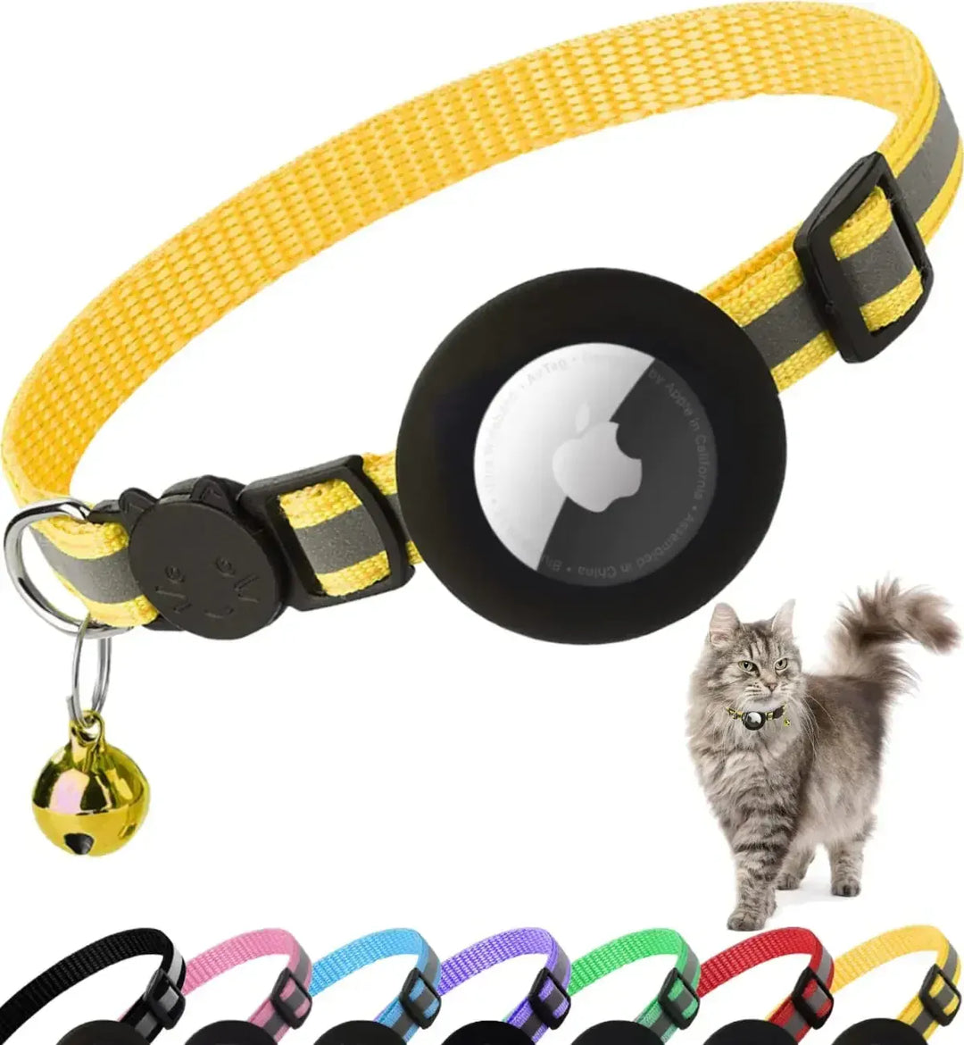Collier réfléchissant haute visibilité pour chat, réglable, support traceur, sûr de jour comme de nuit.