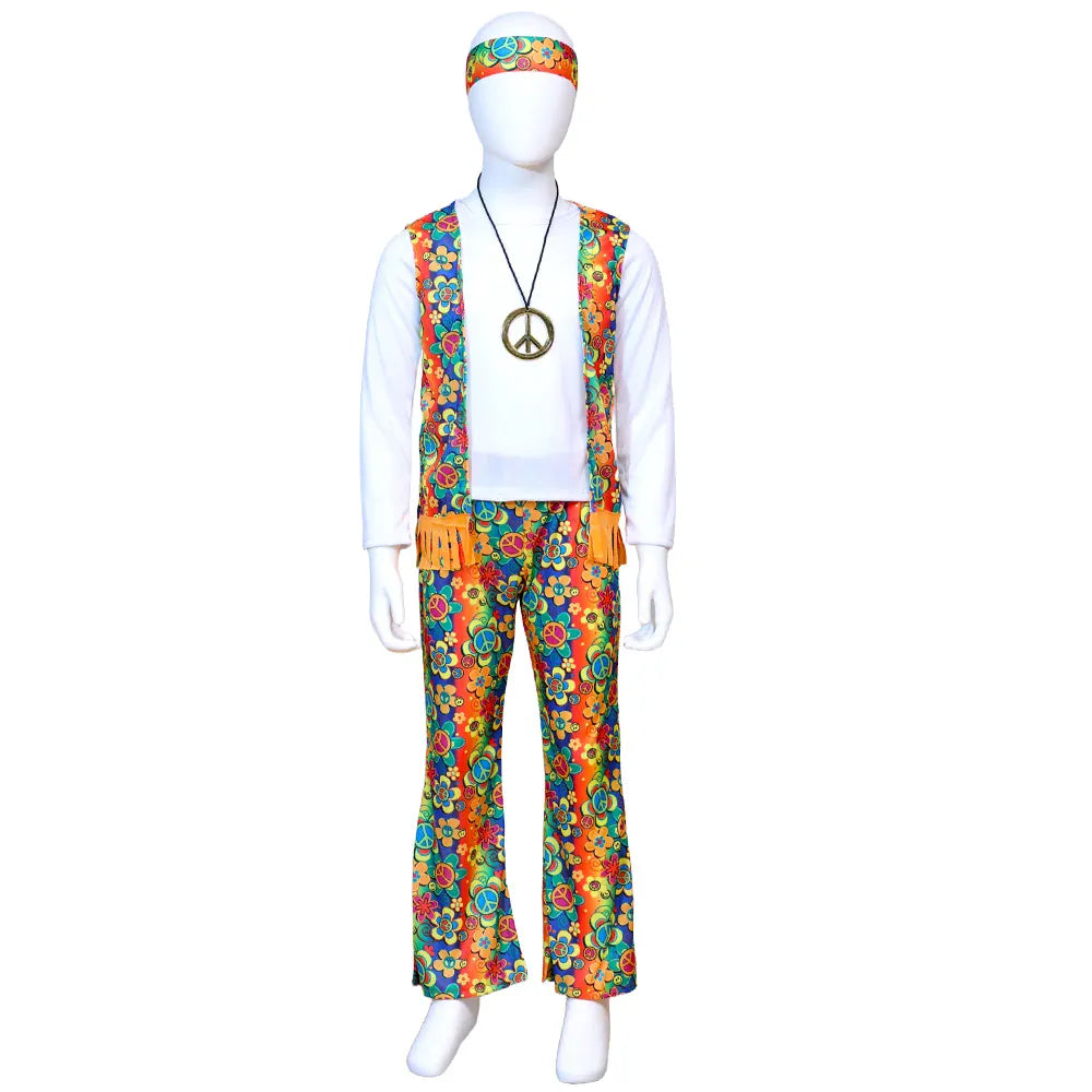 Joli déguisement enfant hippie rétro années 70, complet et confortable pour s'amuser à la fête.