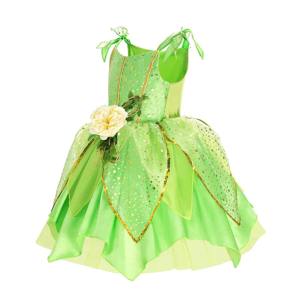 Robe de déguisement Fée Clochette vert pailleté pour fille, avec corsage détaillé et jupe multicouche. Idéal costume enfant.