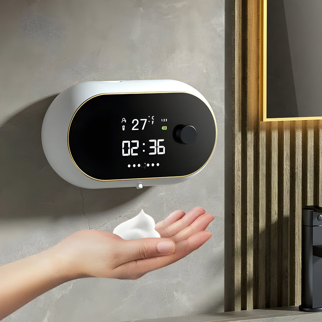 LuxuraWave distributeur de savon mousse sans contact avec capteur, hygiène améliorée pour cuisine et salle de bain.