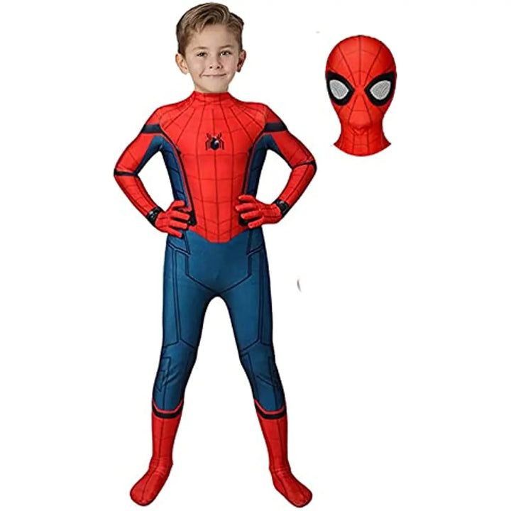 Déguisement Spider-Man rouge et bleu pour enfant, parfait pour le jeu de super-héros, fêtes et carnaval.
