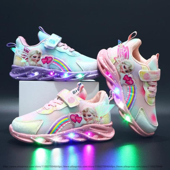 Baskets lumineuses roses pour filles, motif princesse. Chaussures enfants antidérapantes et confortables avec LED.