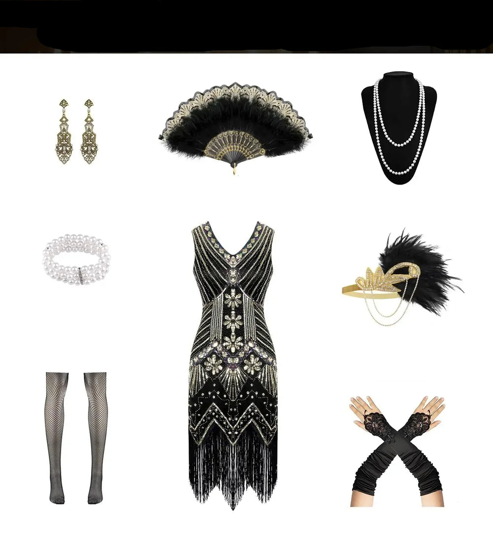 Costume flapper Gatsby années 20 pour femme, robe à sequins brillants et franges élégantes.