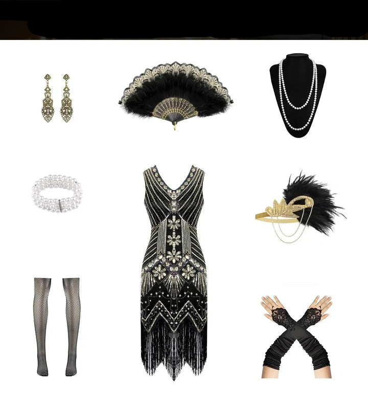 Costume flapper Gatsby années 20 pour femme, robe à sequins brillants et franges élégantes.